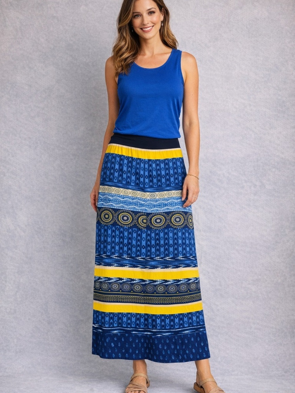 Karen Kane Boho Skirt Set Blue Yellow Maxi + Tank Outfit M L